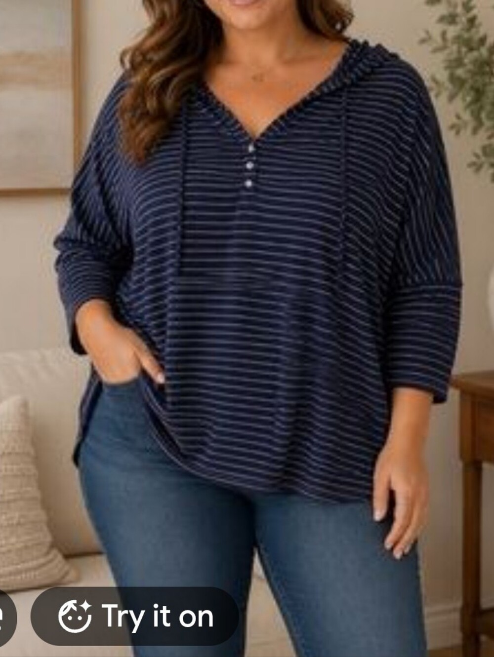 Market & Spruce Navy and White Striped Hooded Henley